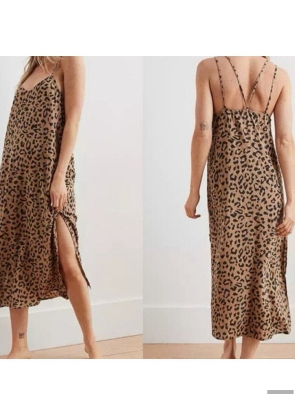 Aerie Dress Womens Extra Small Leopard Split Hem Midi Lightweight Beachy Summer
